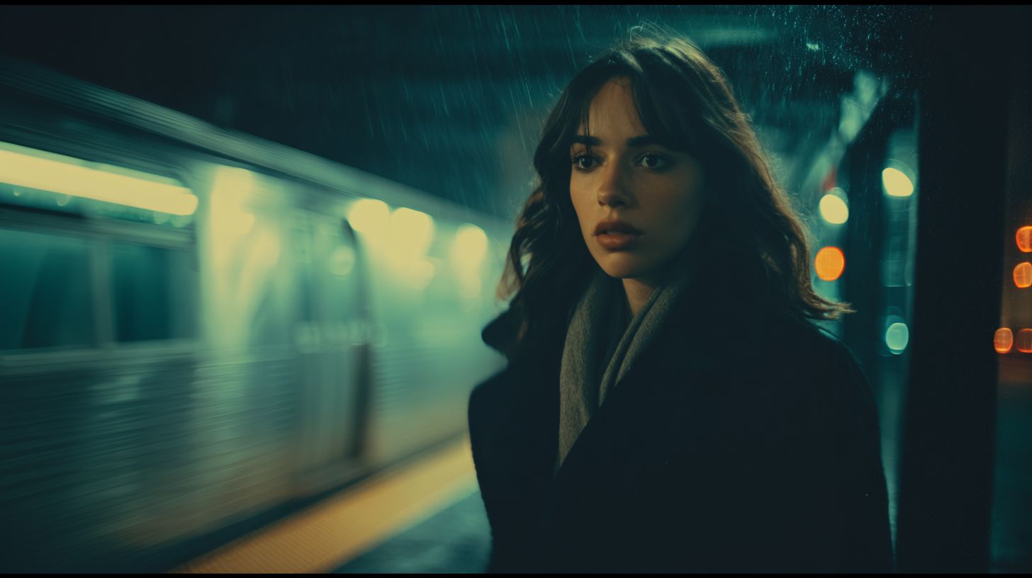 Mira on a New York subway platform at night as a train passes